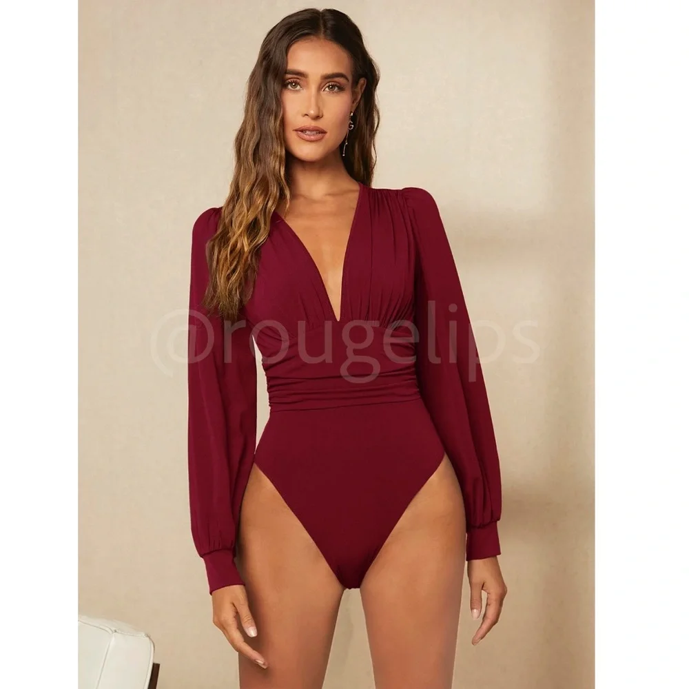 Burgundy Elegant V neck Bodysuit Long Bishop Sleeves Stretchy Ruched Waist - Picture 3 of 8
